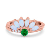 Two Piece Bridal Set Marquise Art Deco Wedding Engagement Ring Set Round Simulated Cubic Zirconia & Lab White Opal Band 925 Sterling Silver