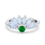 Two Piece Bridal Set Marquise Art Deco Wedding Engagement Ring Set Round Simulated Cubic Zirconia & Lab White Opal Band 925 Sterling Silver