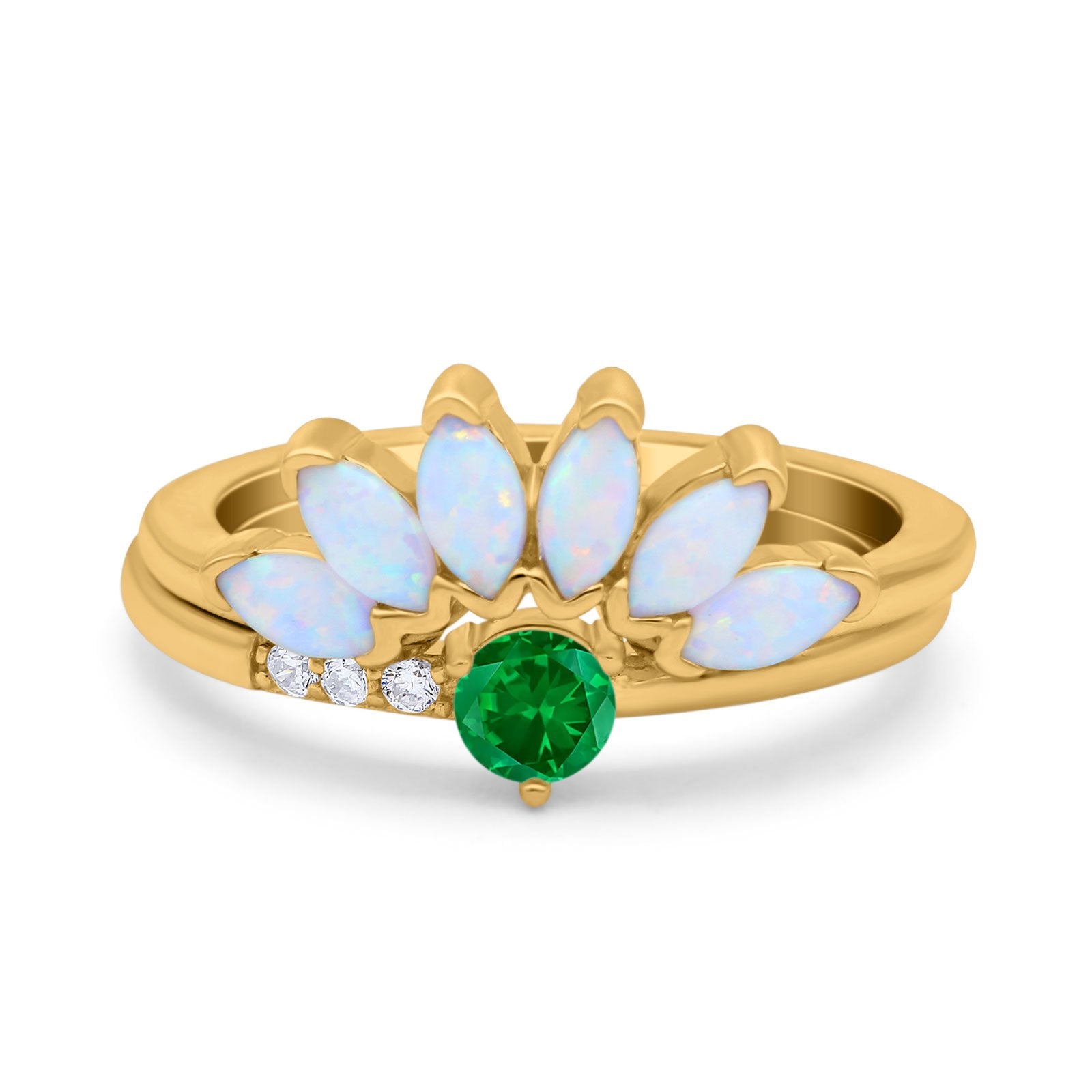 Two Piece Bridal Set Marquise Art Deco Wedding Engagement Ring Set Round Simulated Cubic Zirconia & Lab White Opal Band 925 Sterling Silver