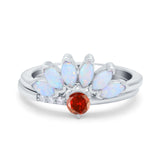 Two Piece Bridal Set Marquise Art Deco Wedding Engagement Ring Set Round Simulated Cubic Zirconia & Lab White Opal Band 925 Sterling Silver