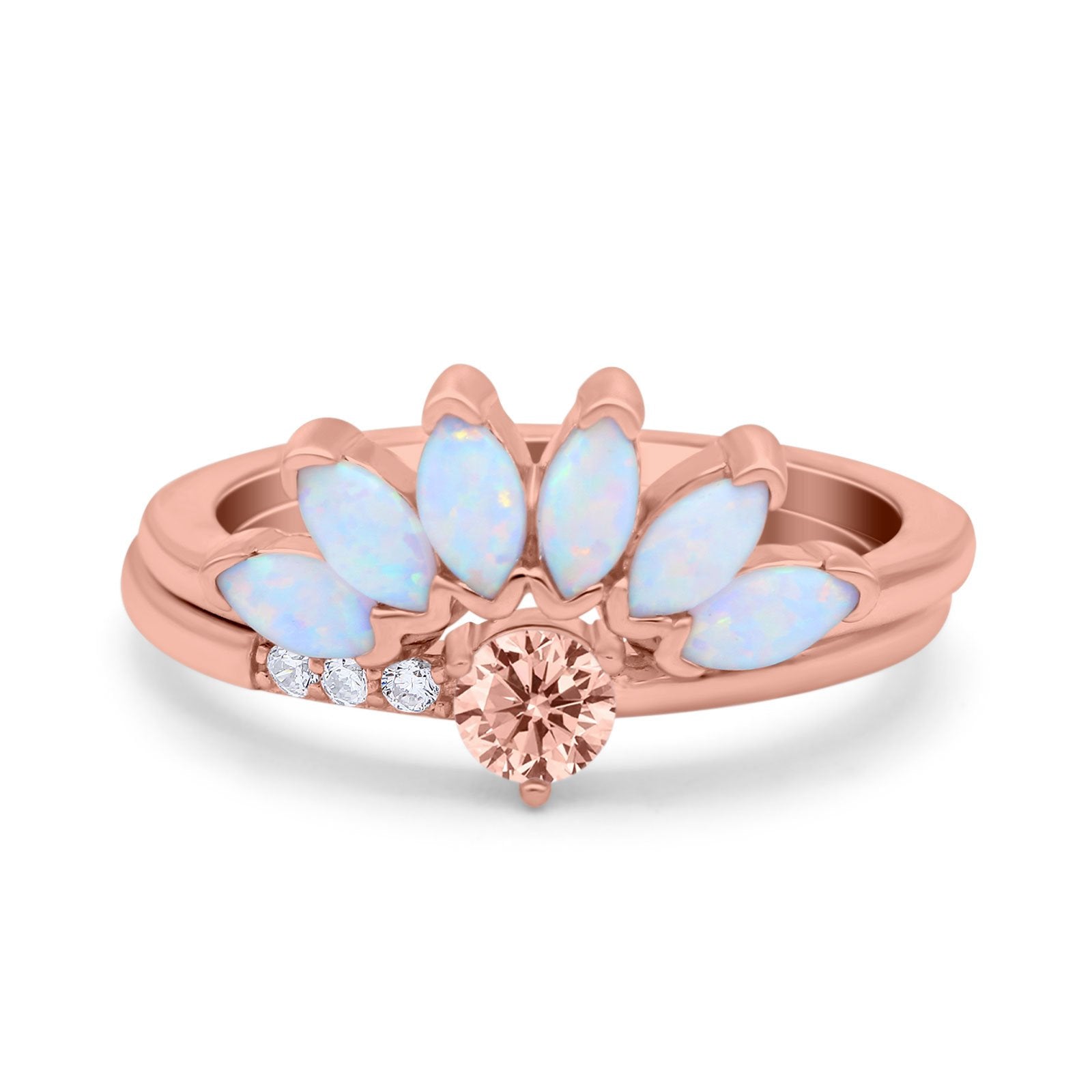 Two Piece Bridal Set Marquise Art Deco Wedding Engagement Ring Set Round Simulated Cubic Zirconia & Lab White Opal Band 925 Sterling Silver