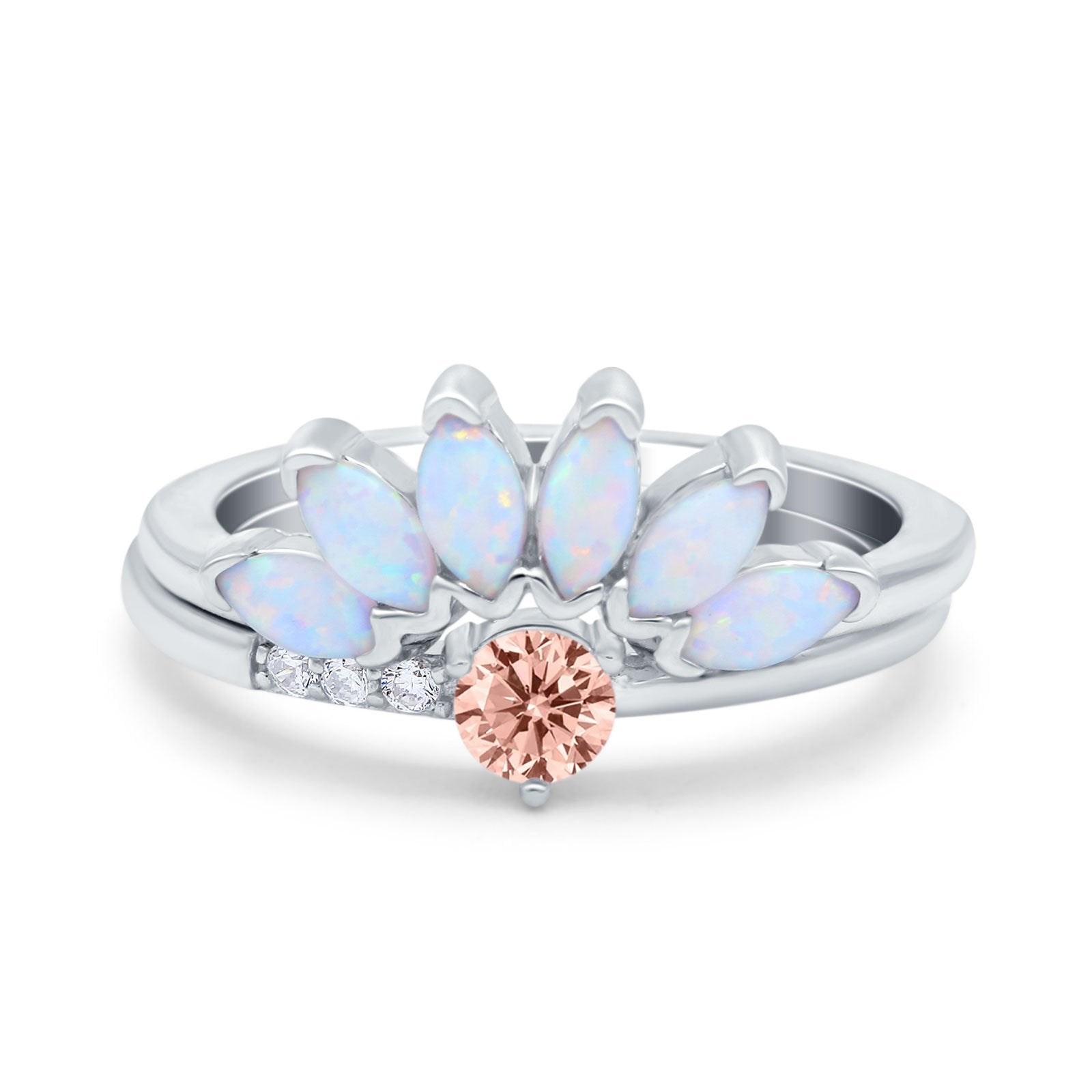 Two Piece Bridal Set Marquise Art Deco Wedding Engagement Ring Set Round Simulated Cubic Zirconia & Lab White Opal Band 925 Sterling Silver