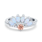 Two Piece Bridal Set Marquise Art Deco Wedding Engagement Ring Set Round Simulated Cubic Zirconia & Lab White Opal Band 925 Sterling Silver