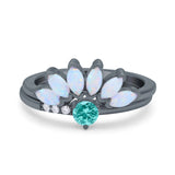 Two Piece Bridal Set Marquise Art Deco Wedding Engagement Ring Set Round Simulated Cubic Zirconia & Lab White Opal Band 925 Sterling Silver