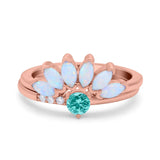 Two Piece Bridal Set Marquise Art Deco Wedding Engagement Ring Set Round Simulated Cubic Zirconia & Lab White Opal Band 925 Sterling Silver