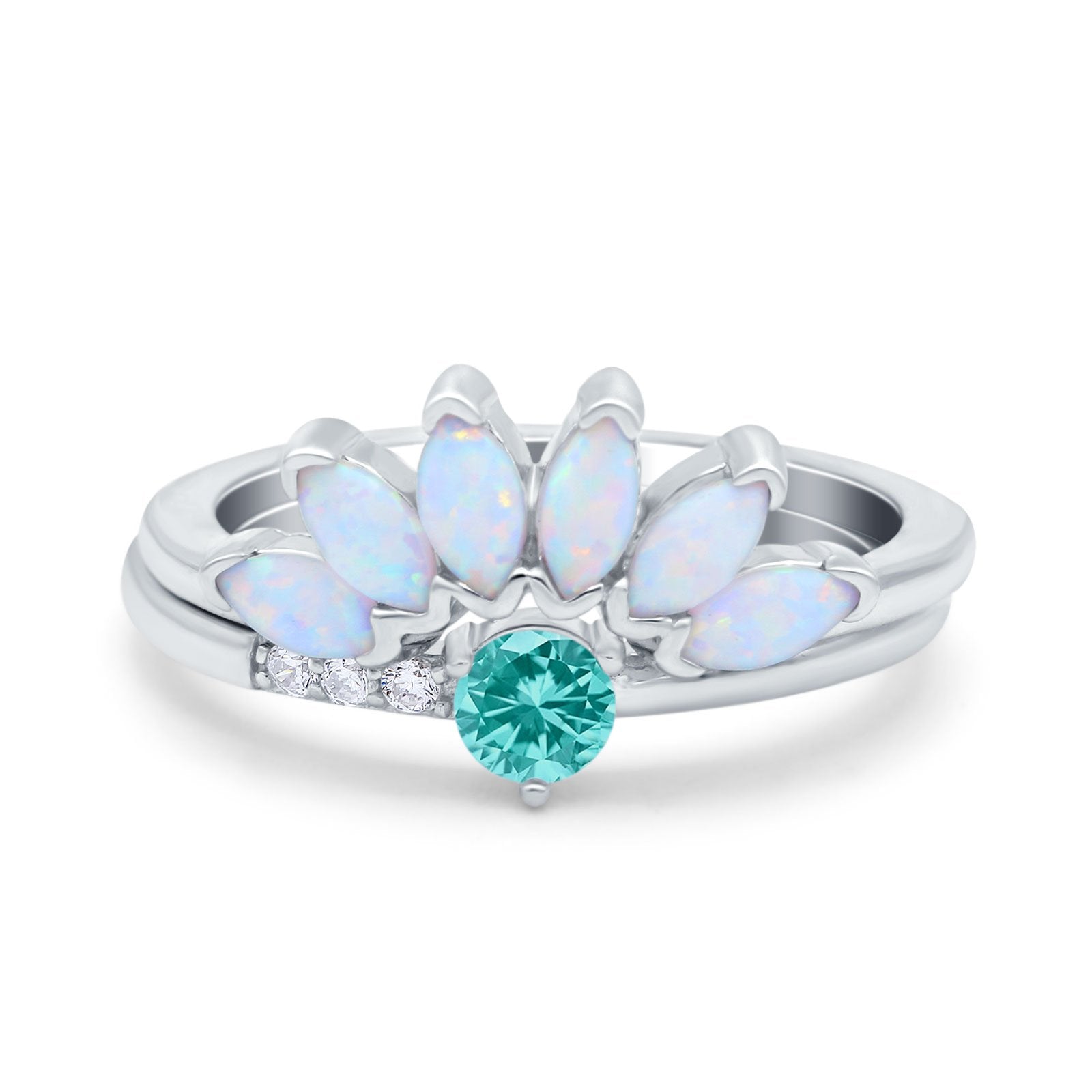Two Piece Bridal Set Marquise Art Deco Wedding Engagement Ring Set Round Simulated Cubic Zirconia & Lab White Opal Band 925 Sterling Silver