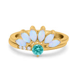 Two Piece Bridal Set Marquise Art Deco Wedding Engagement Ring Set Round Simulated Cubic Zirconia & Lab White Opal Band 925 Sterling Silver