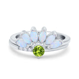Two Piece Bridal Set Marquise Art Deco Wedding Engagement Ring Set Round Simulated Cubic Zirconia & Lab White Opal Band 925 Sterling Silver