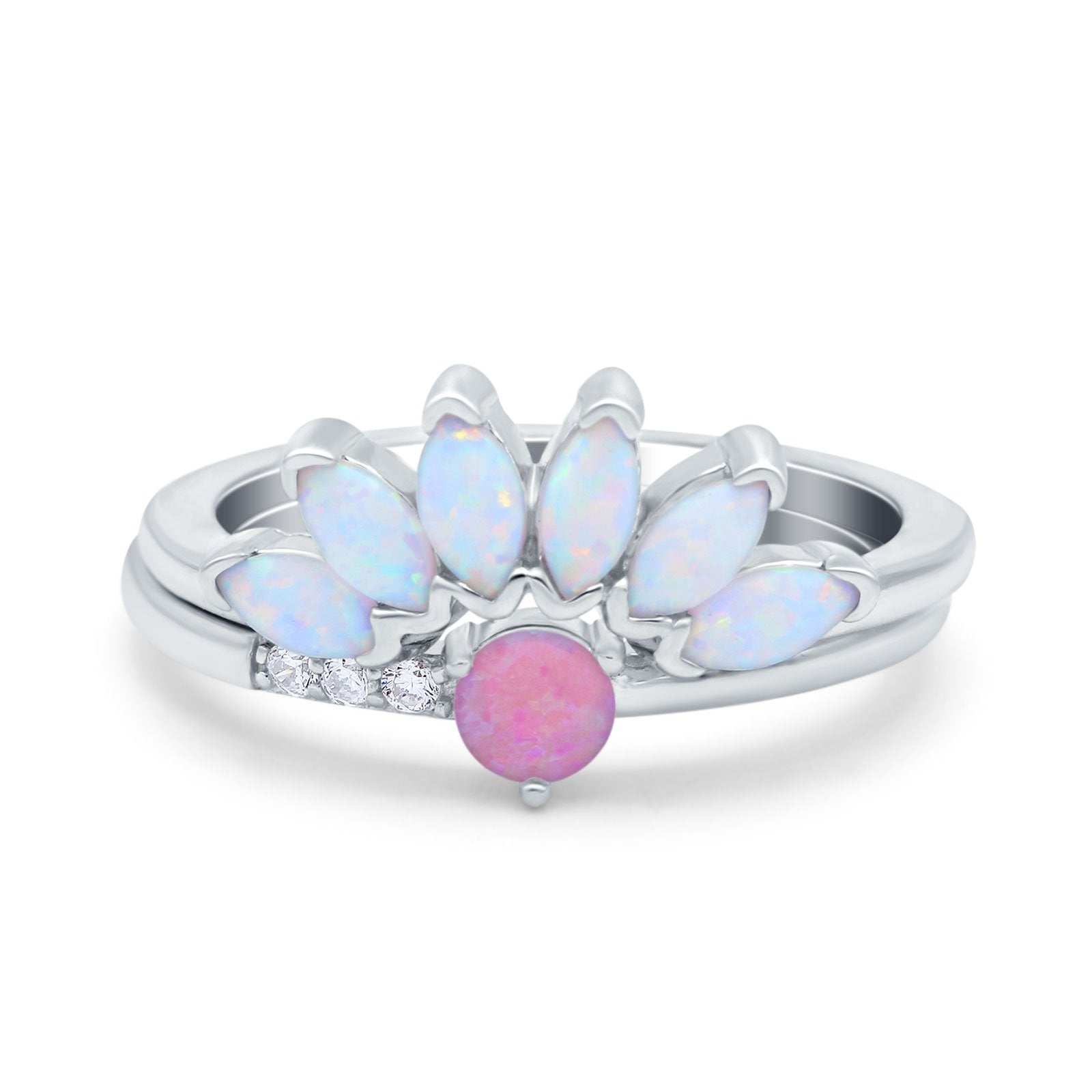 Two Piece Bridal Set Marquise Art Deco Wedding Engagement Ring Set Round Simulated Cubic Zirconia & Lab White Opal Band 925 Sterling Silver