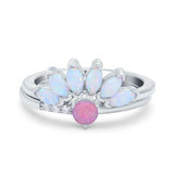 Two Piece Bridal Set Marquise Art Deco Wedding Engagement Ring Set Round Simulated Cubic Zirconia & Lab White Opal Band 925 Sterling Silver
