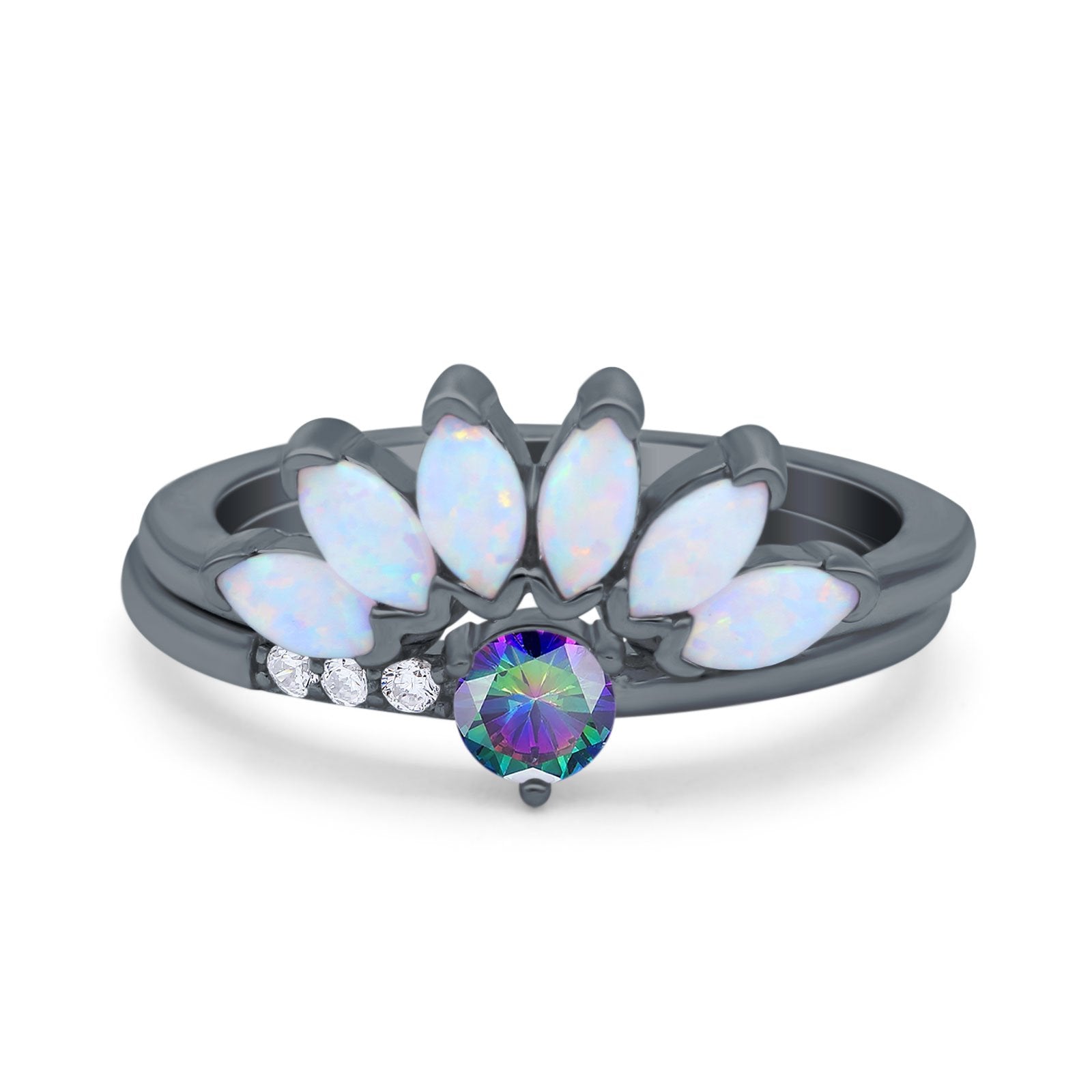 Two Piece Bridal Set Marquise Art Deco Wedding Engagement Ring Set Round Simulated Cubic Zirconia & Lab White Opal Band 925 Sterling Silver