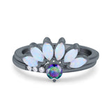 Two Piece Bridal Set Marquise Art Deco Wedding Engagement Ring Set Round Simulated Cubic Zirconia & Lab White Opal Band 925 Sterling Silver