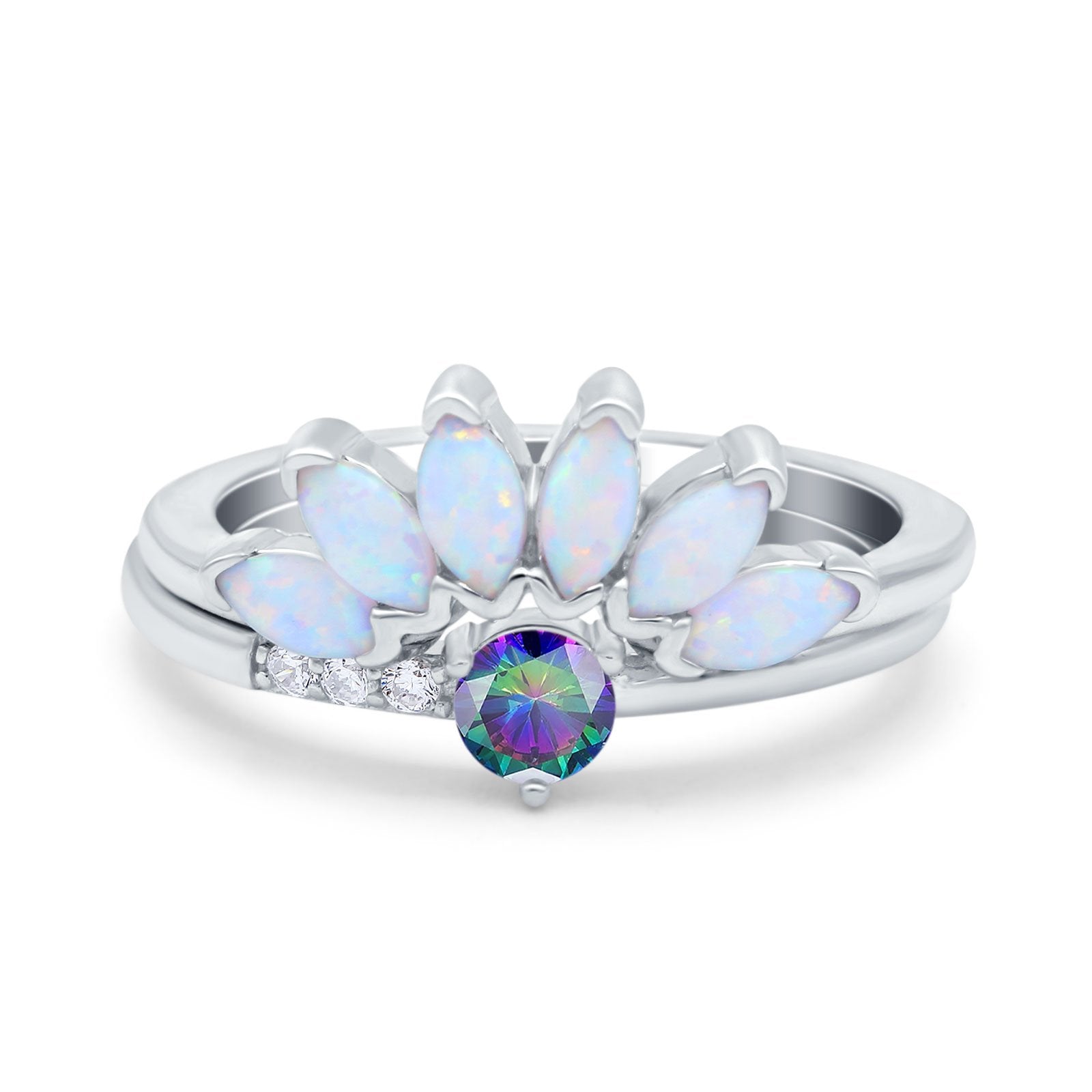 Two Piece Bridal Set Marquise Art Deco Wedding Engagement Ring Set Round Simulated Cubic Zirconia & Lab White Opal Band 925 Sterling Silver