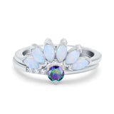 Two Piece Bridal Set Marquise Art Deco Wedding Engagement Ring Set Round Simulated Cubic Zirconia & Lab White Opal Band 925 Sterling Silver
