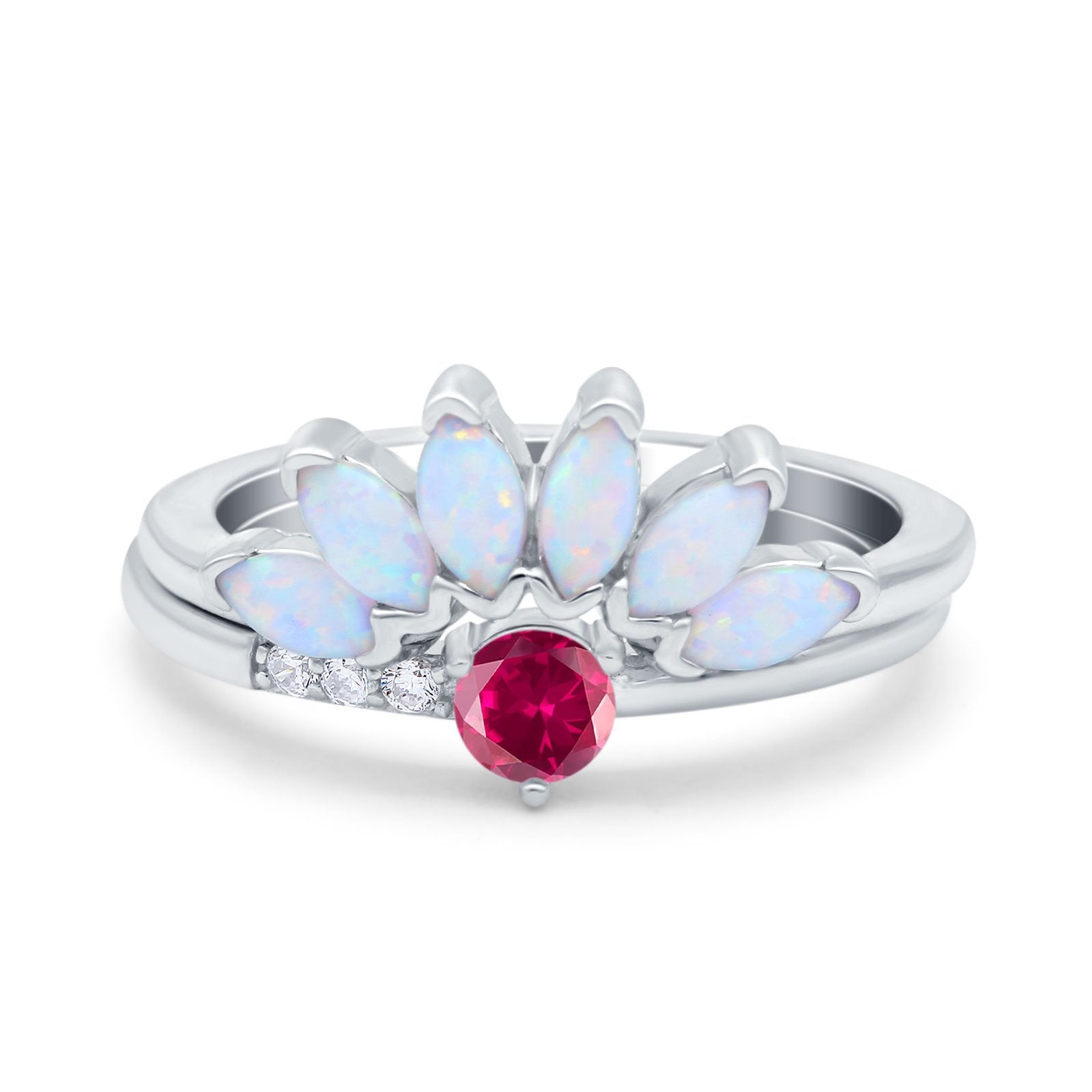 Two Piece Bridal Set Marquise Art Deco Wedding Engagement Ring Set Round Simulated Cubic Zirconia & Lab White Opal Band 925 Sterling Silver