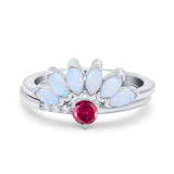 Two Piece Bridal Set Marquise Art Deco Wedding Engagement Ring Set Round Simulated Cubic Zirconia & Lab White Opal Band 925 Sterling Silver