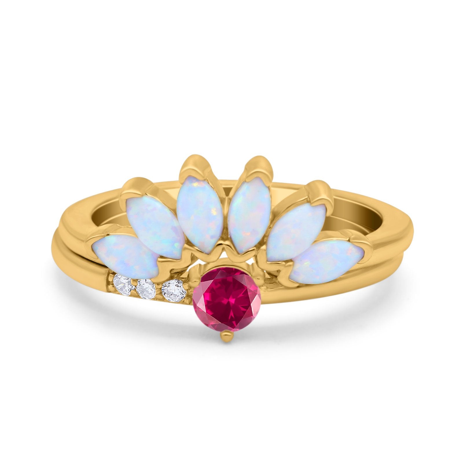 Two Piece Bridal Set Marquise Art Deco Wedding Engagement Ring Set Round Simulated Cubic Zirconia & Lab White Opal Band 925 Sterling Silver