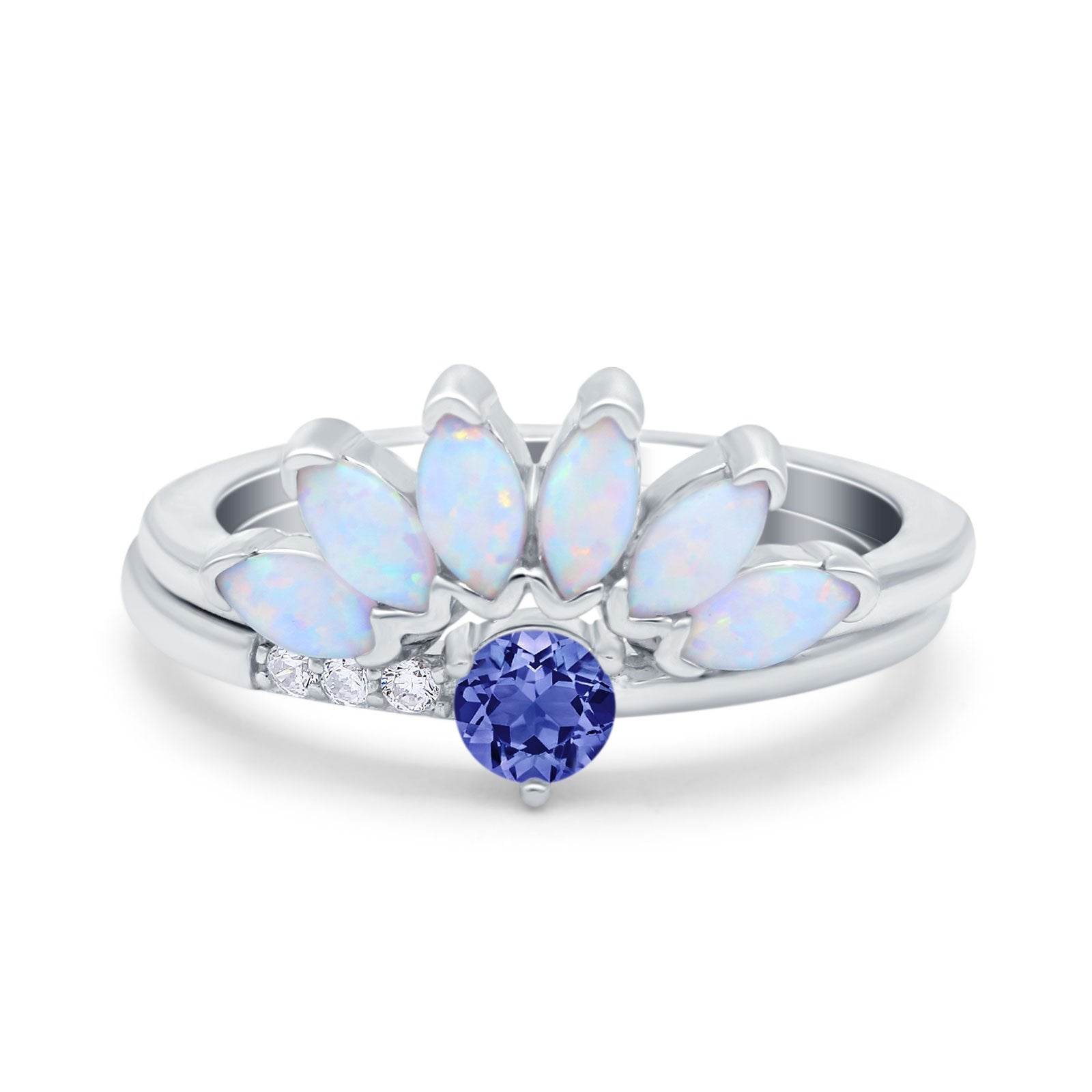 Two Piece Bridal Set Marquise Art Deco Wedding Engagement Ring Set Round Simulated Cubic Zirconia & Lab White Opal Band 925 Sterling Silver