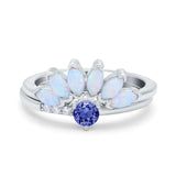 Two Piece Bridal Set Marquise Art Deco Wedding Engagement Ring Set Round Simulated Cubic Zirconia & Lab White Opal Band 925 Sterling Silver