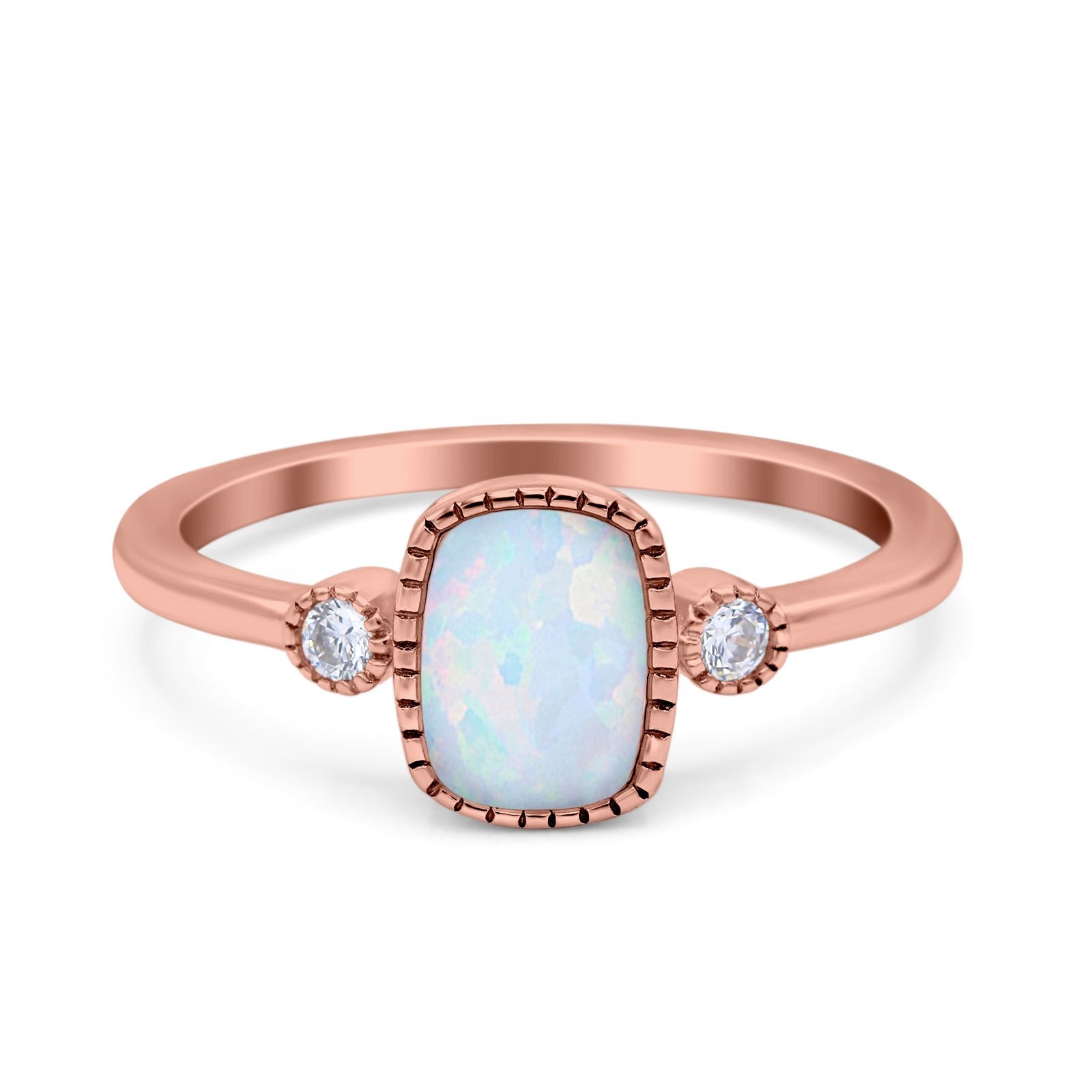 Emerald Cut Three Stone Lab Created Opal Ring Cubic Zirconia 925 Sterling Silver