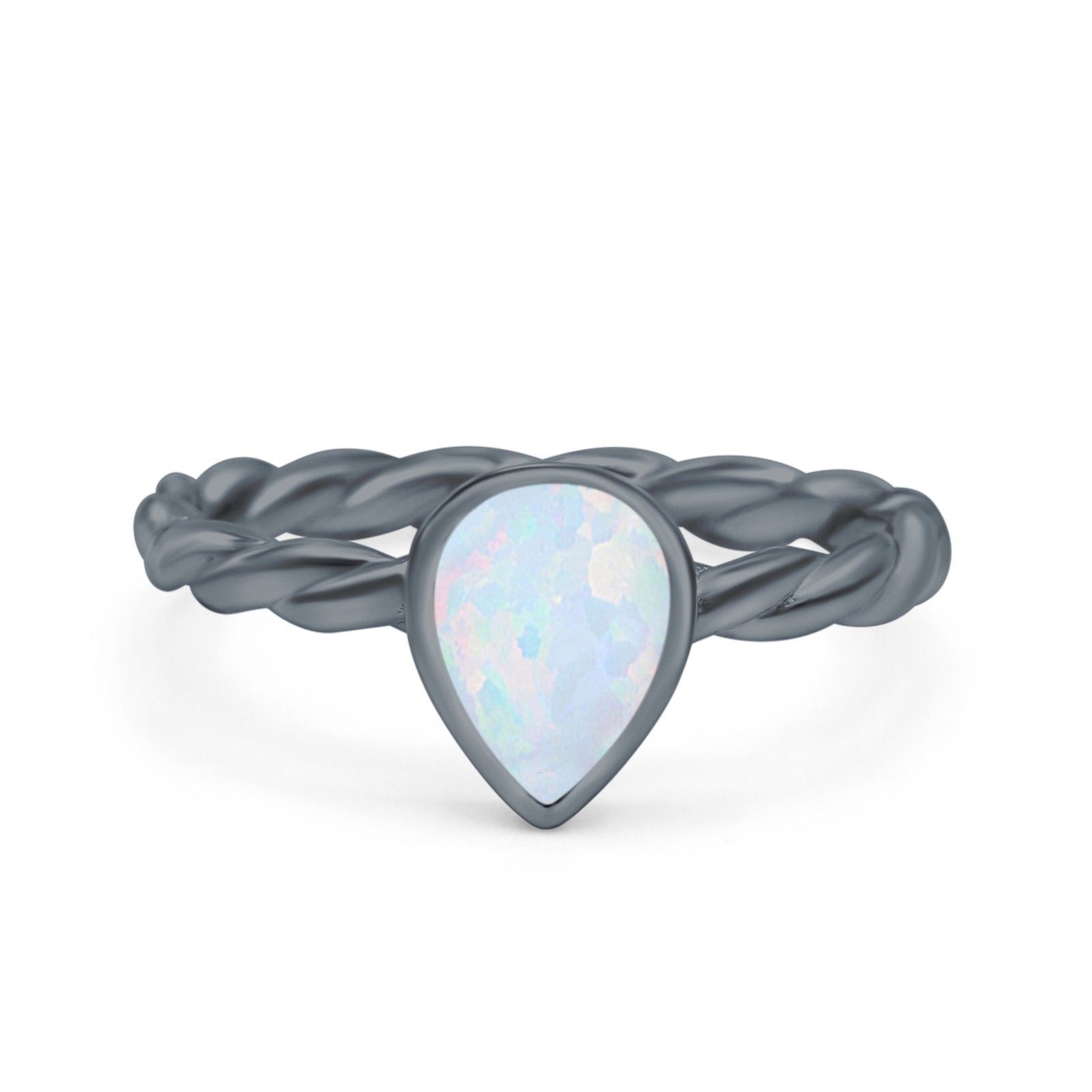 Teardrop Pear Lab Opal Braided Cable Solitaire Band Ring 925 Sterling Silver