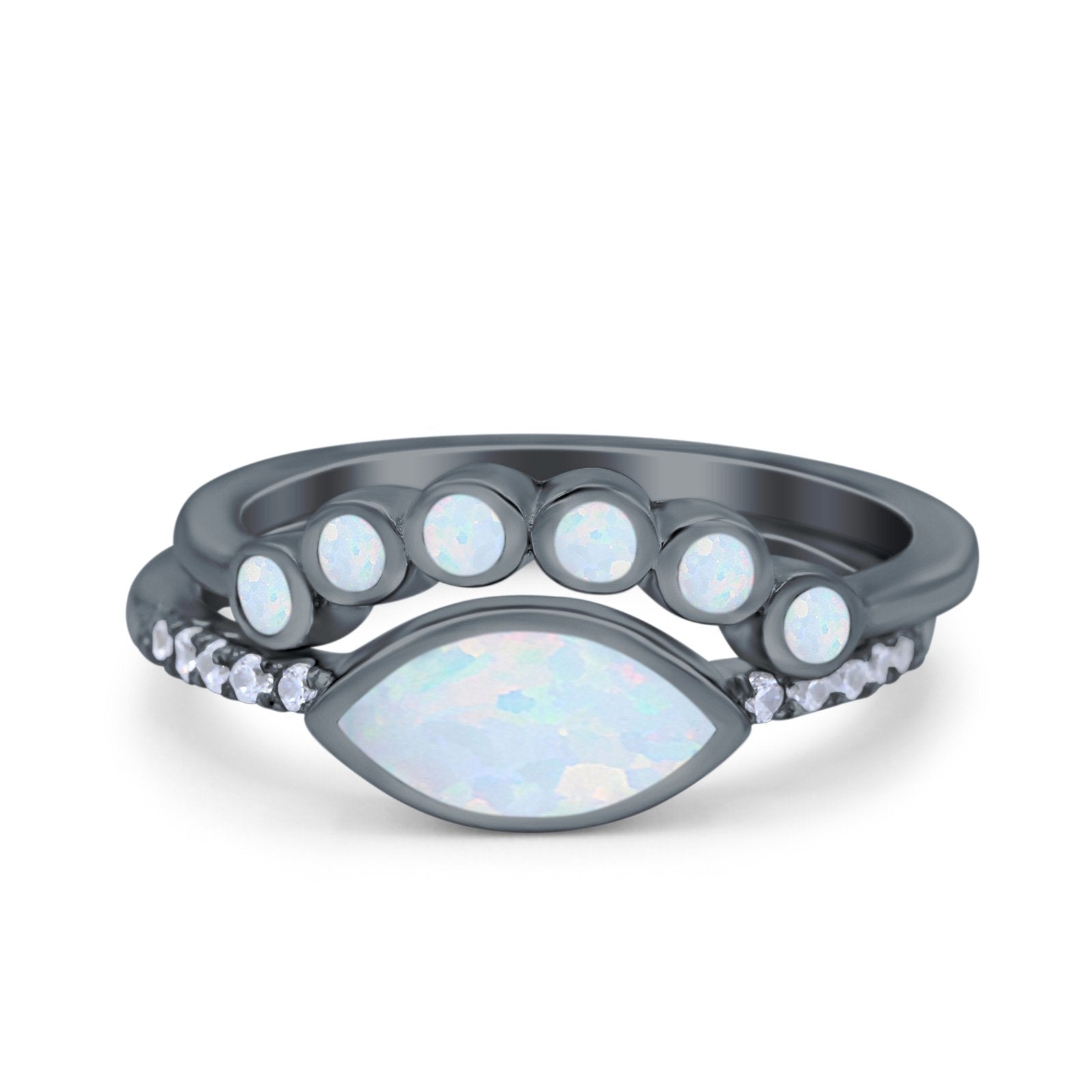 Two Piece Bridal Set Round Lab White Opal Marquise Art Deco Wedding Engagement Ring Set Round CZ Band 925 Sterling Silver