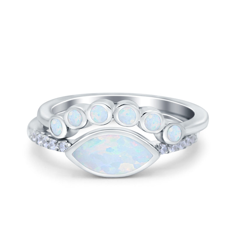 Two Piece Bridal Set Round Lab White Opal Marquise Art Deco Wedding Engagement Ring Set Round CZ Band 925 Sterling Silver