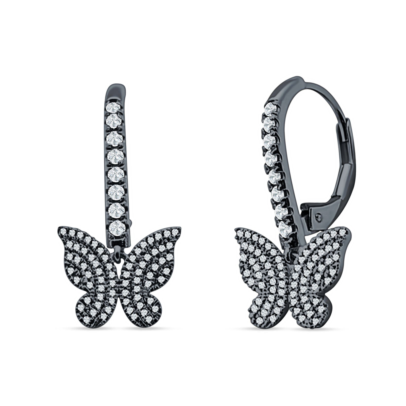 Butterfly Hoop Leverback Earrings Cubic Zirconia 925 Sterling Silver