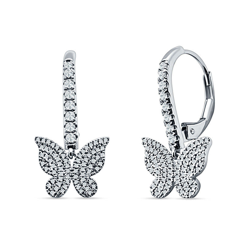 Butterfly Hoop Leverback Earrings Cubic Zirconia 925 Sterling Silver