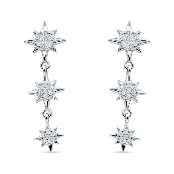 Triple Starburst Dangle Drop Earrings Cubic Zirconia 925