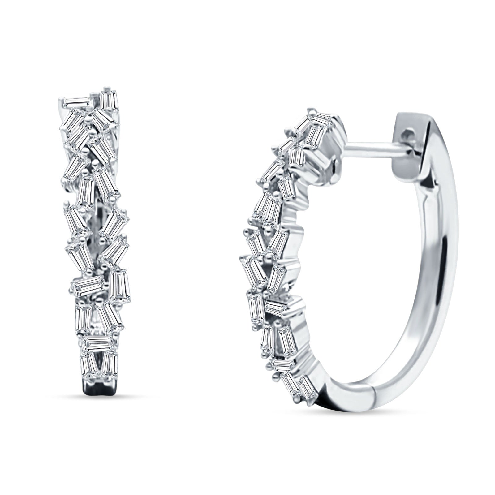 Baguette Cluster Huggie Hoop Earrings Cubic Zirconia 925 Sterling Silver