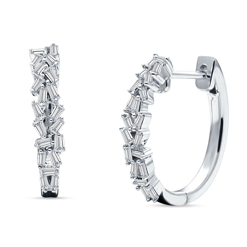 Baguette Cluster Huggie Hoop Earrings Cubic Zirconia 925 Sterling Silver