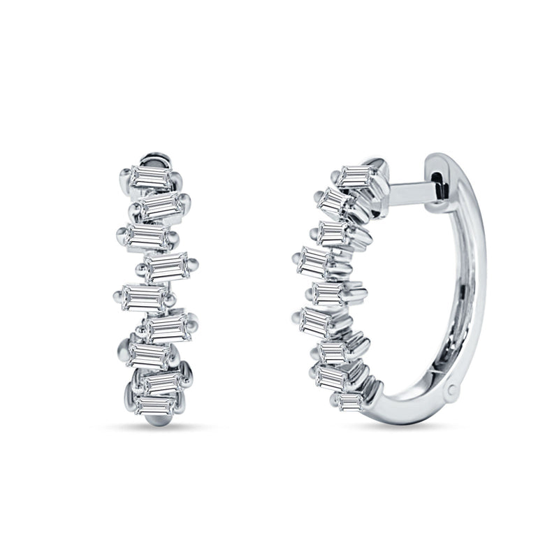 Baguette Zig Zag Huggie Hoop Earring Cubic Zirconia 925 Sterling Silver