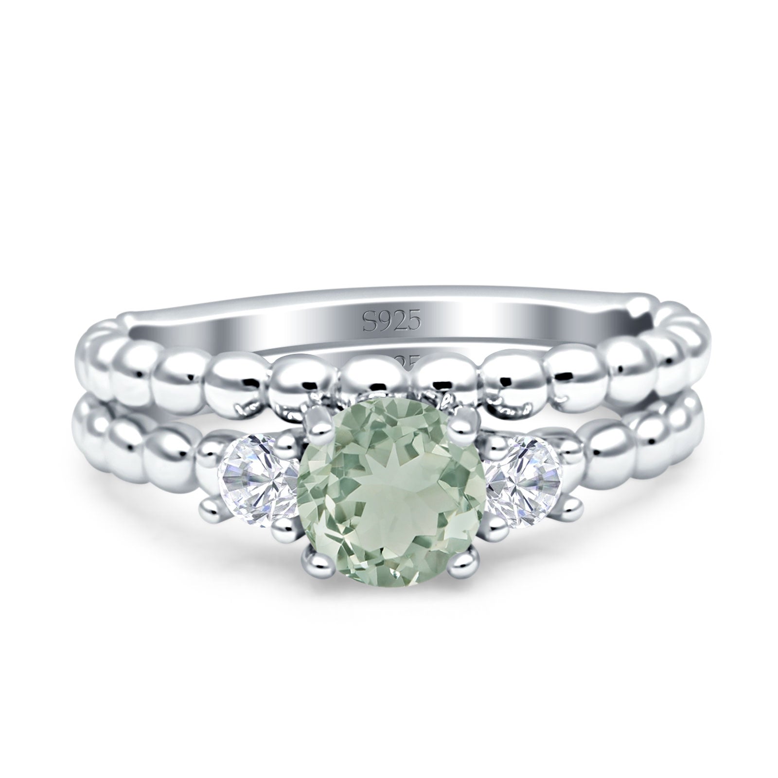 Three Stone Two Piece Bridal Round Beaded Natural Green Amethyst Prasiolite Engagement Ring