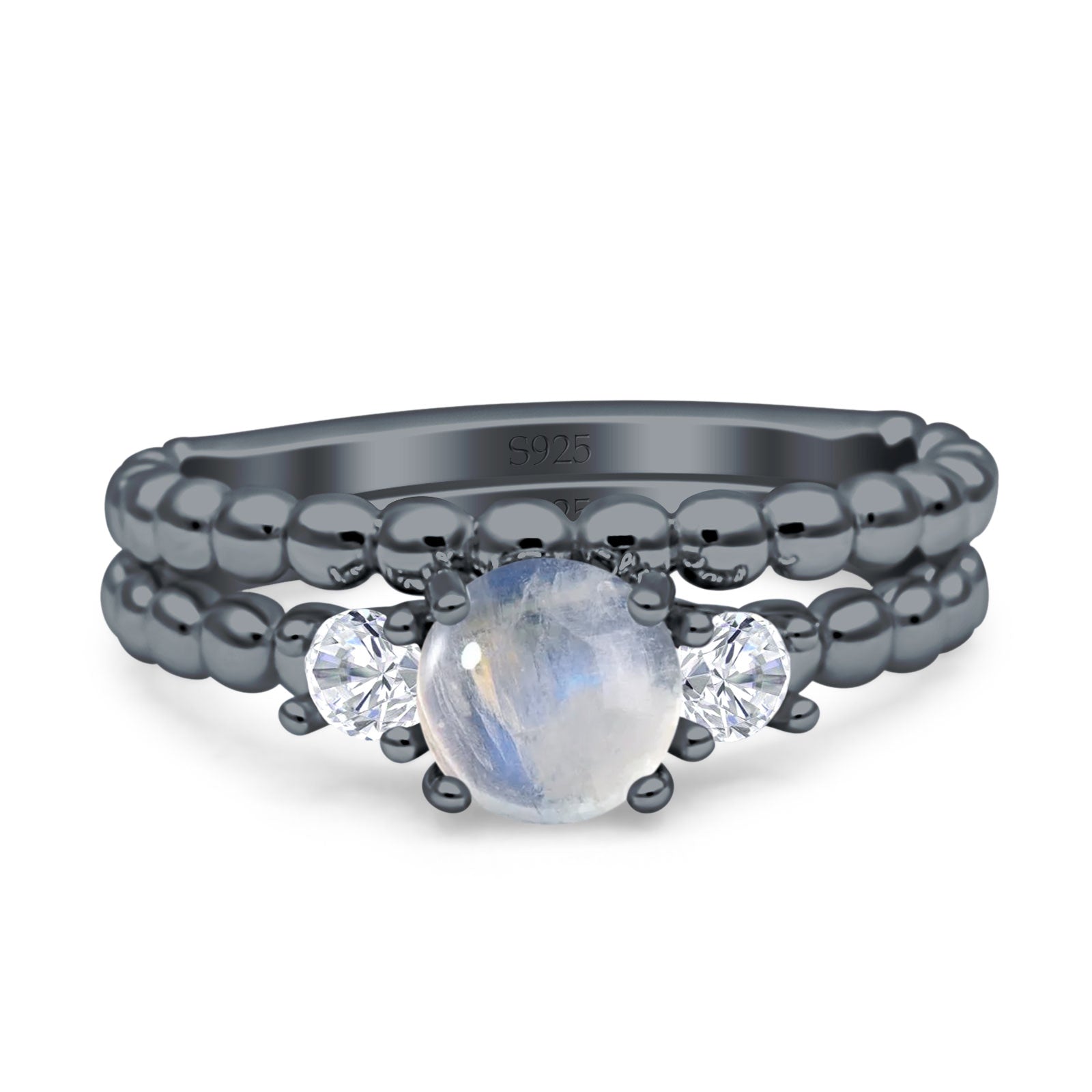 Three Stone Two Piece Bridal Round Beaded Natural Moonstone Engagement Ring