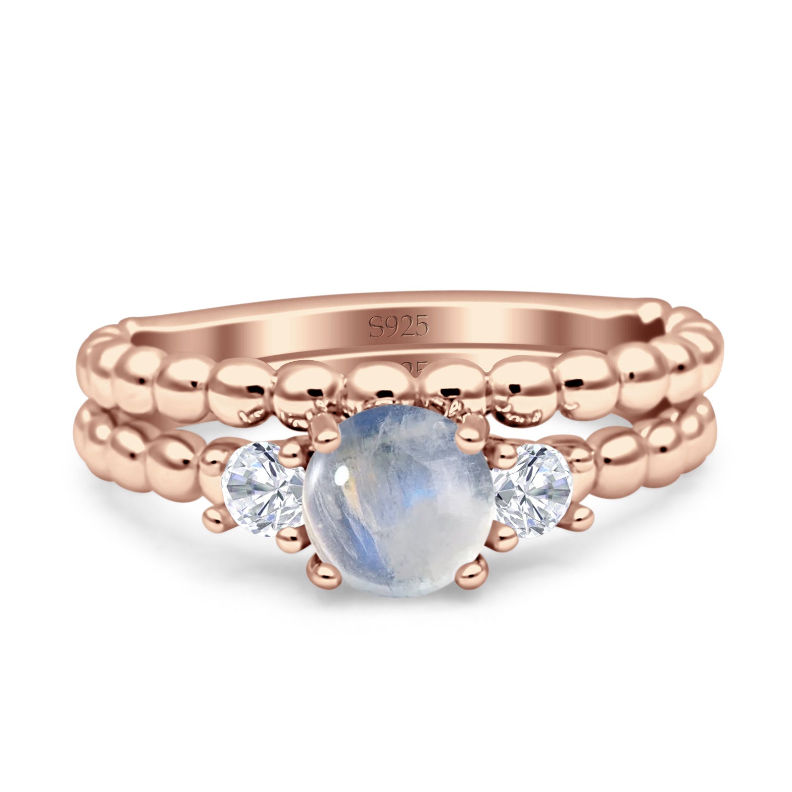 Three Stone Two Piece Bridal Round Beaded Natural Moonstone Engagement Ring