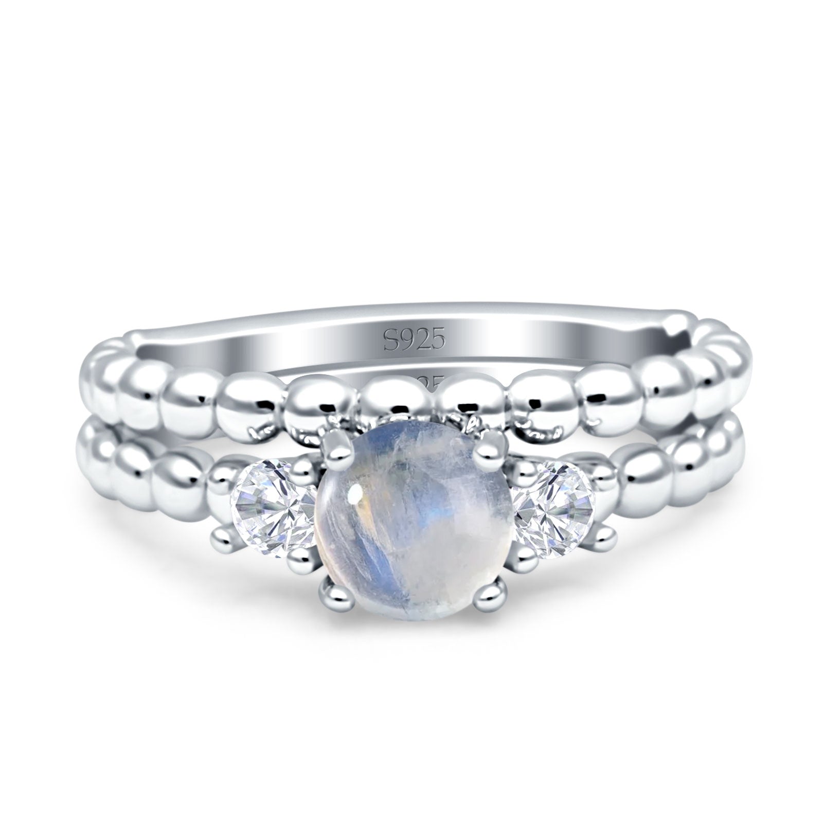Three Stone Two Piece Bridal Round Beaded Natural Moonstone Engagement Ring
