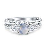 Three Stone Two Piece Bridal Round Beaded Natural Moonstone Engagement Ring
