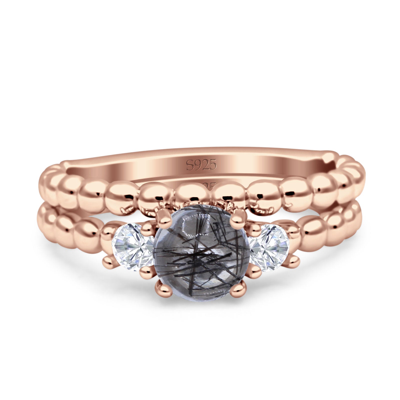 Three Stone Two Piece Bridal Round Beaded Natural Rutilated Quartz Engagement Ring