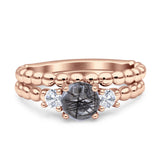 Three Stone Two Piece Bridal Round Beaded Natural Rutilated Quartz Engagement Ring