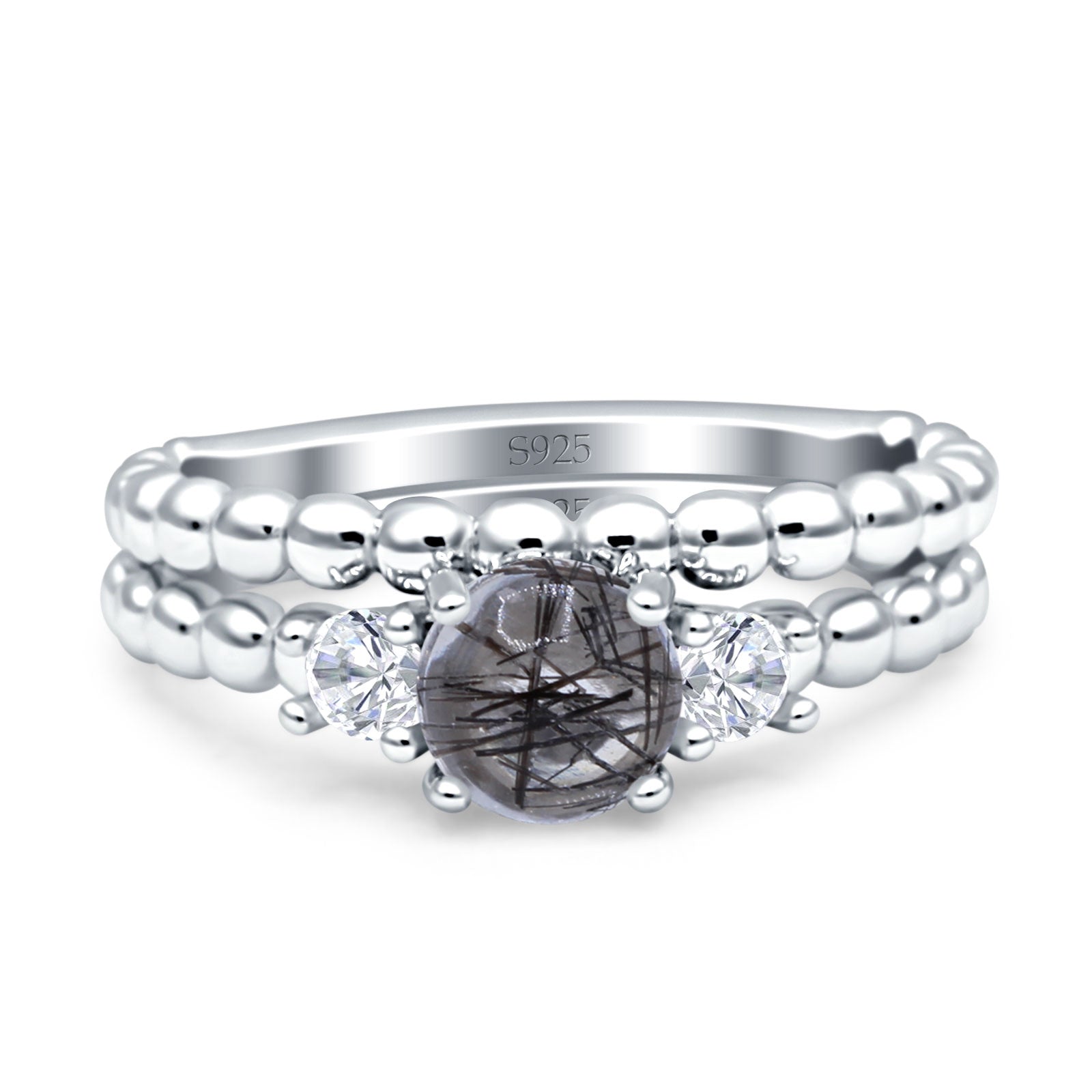Three Stone Two Piece Bridal Round Beaded Natural Rutilated Quartz Engagement Ring