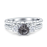 Three Stone Two Piece Bridal Round Beaded Natural Rutilated Quartz Engagement Ring