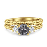 Three Stone Two Piece Bridal Round Beaded Natural Rutilated Quartz Engagement Ring