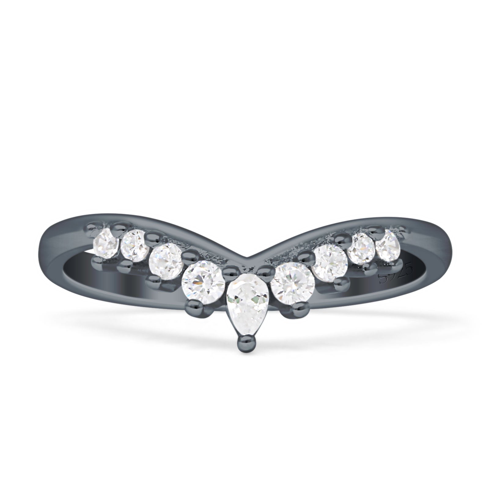 8mm Contour Curved V-Band Vintage Pear Teardrop Chevron Ring Cubic Zirconia 925 Sterling Silver
