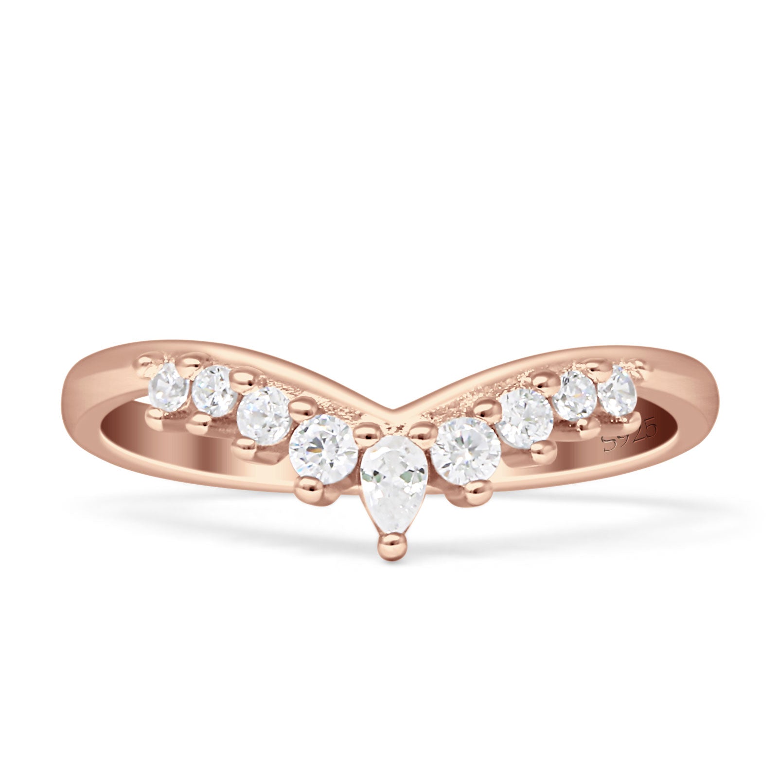 8mm Contour Curved V-Band Vintage Pear Teardrop Chevron Ring Cubic Zirconia 925 Sterling Silver