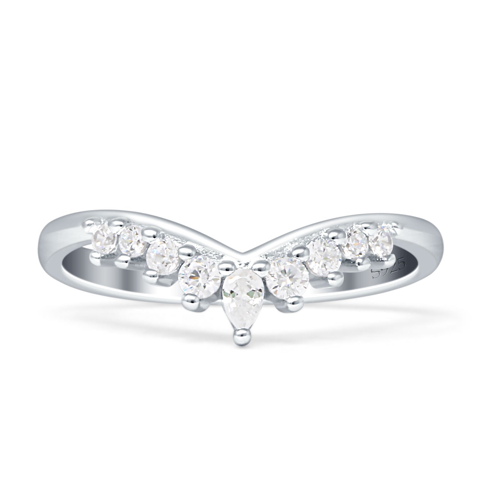 8mm Contour Curved V-Band Vintage Pear Teardrop Chevron Ring Cubic Zirconia 925 Sterling Silver