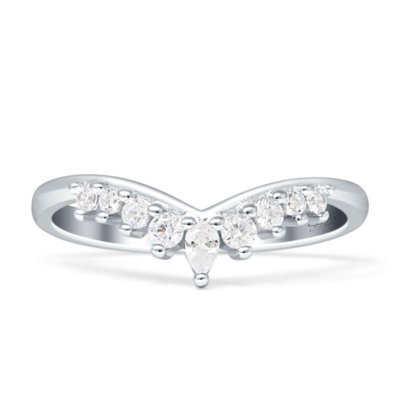 8mm Contour Curved V-Band Vintage Pear Teardrop Chevron Ring Cubic Zirconia 925 Sterling Silver