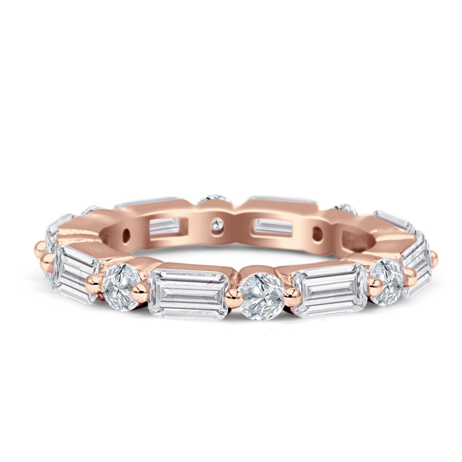 Full Eternity 3mm Emerald Cut & Round Cubic Zirconia Wedding Band 925 Sterling Silver