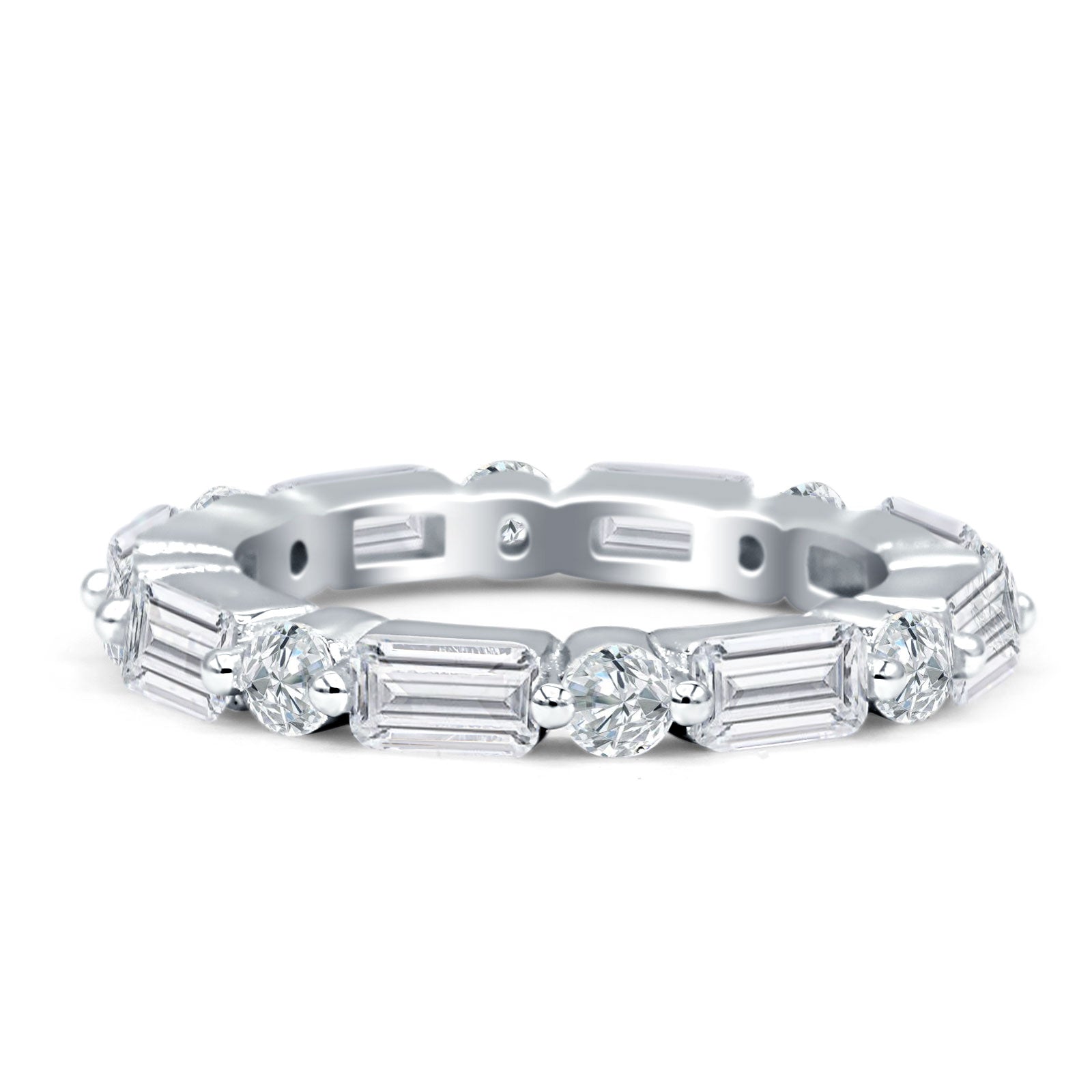 Full Eternity 3mm Emerald Cut & Round Cubic Zirconia Wedding Band 925 Sterling Silver