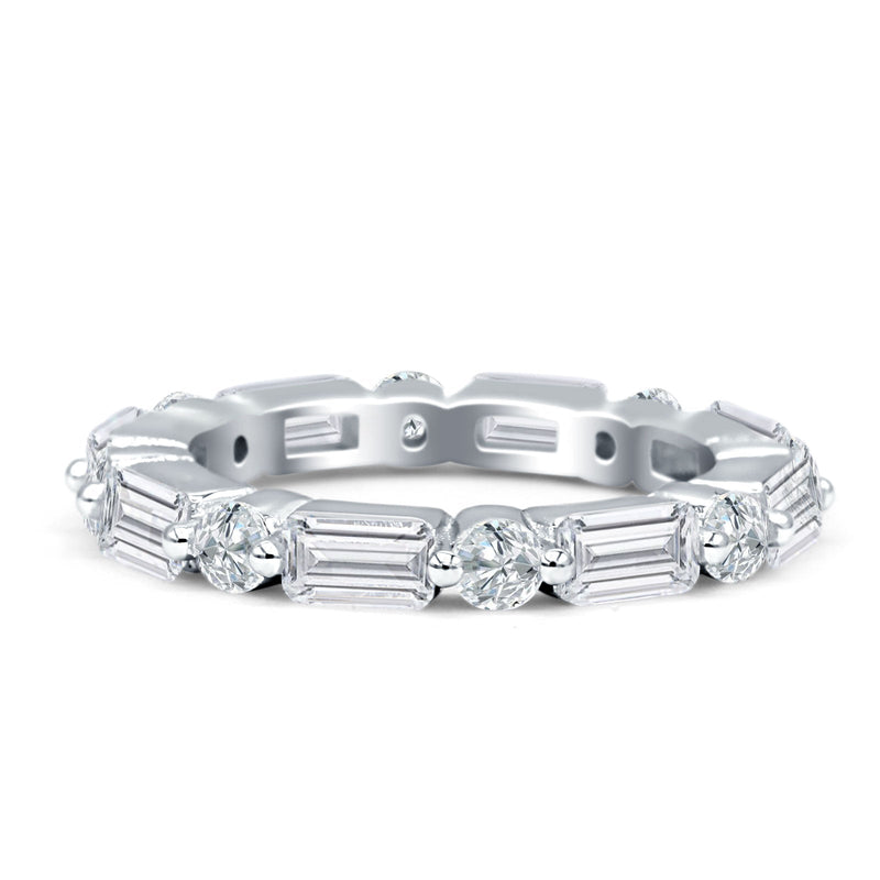 Full Eternity 3mm Emerald Cut & Round Cubic Zirconia Wedding Band 925 Sterling Silver